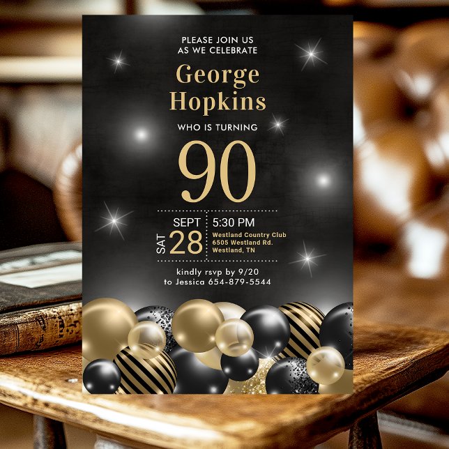 Invitation Ballons Noir Doré Photo 90e Anniversaire  (Créateur téléchargé)