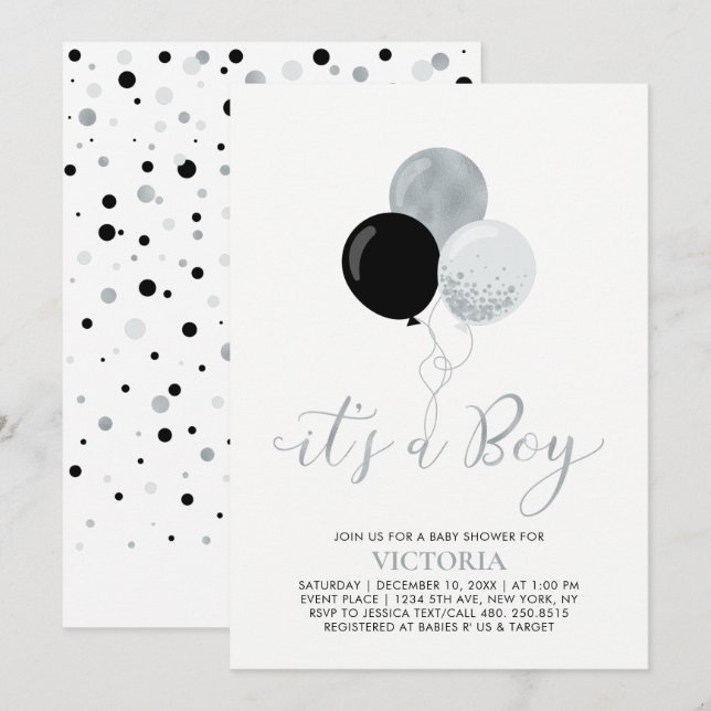 Invitation Ballons noir et argent | C'est un Baby shower de g (Devant / Derrière)