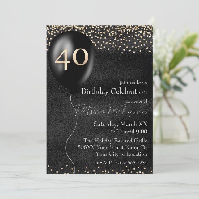 Invitation Ballons noir et or 40e anniversaire (Debout devant)