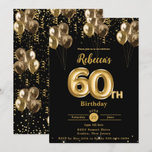 Invitation Ballons Noir et Or Confetti 60e anniversaire