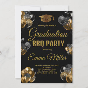 Invitation Ballons Noir et Or Graduation BBQ Party