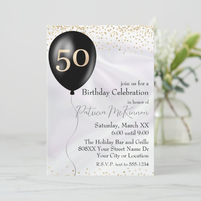 Invitation Ballons noir et or Satin blanc 50e anniversaire (Debout devant)