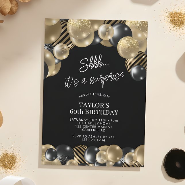 Invitation Ballons Noir Or Surprise 60e Anniversaire (Créateur téléchargé)