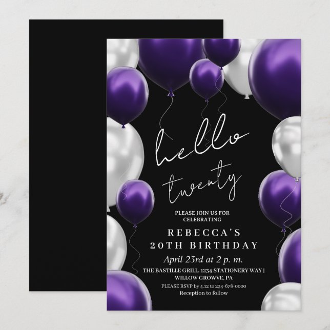 Invitation Ballons noirs argentés violets modernes pour 20e a (Devant / Derrière)