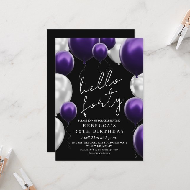 Invitation Ballons noirs argentés violets modernes pour 40e a (Devant/Arrière en situation)