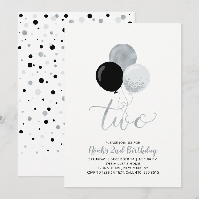Invitation Ballons noirs et argentés Garçon 2e anniversaire (Devant / Derrière)