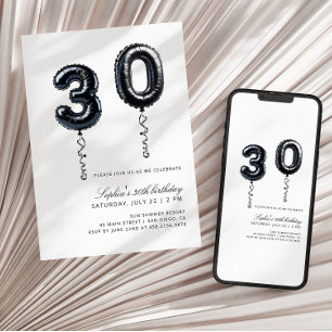 Invitation Ballons noirs et blancs minimalistes 30e anniversa