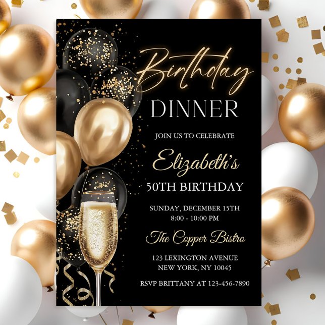 Invitation Ballons noirs et dorés élégants pour dîner d'anniv (Créateur téléchargé)