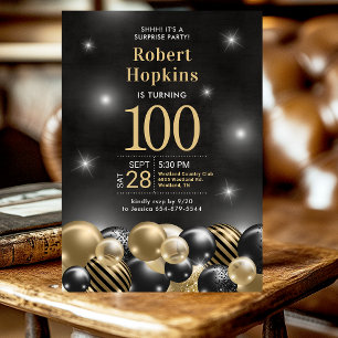 Invitation Ballons noirs et dorés pour les 100 ans de surpris