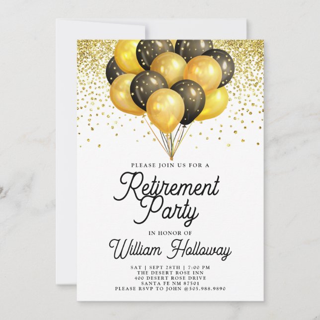 Invitation Ballons noirs et or pour fête de retraite moderne  (Devant)