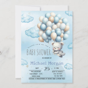 Invitation Ballons Nuage Ourson Bleu Baby Shower
