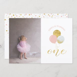 Invitation Ballons or et rose   Fille 1er fête d'anniversaire