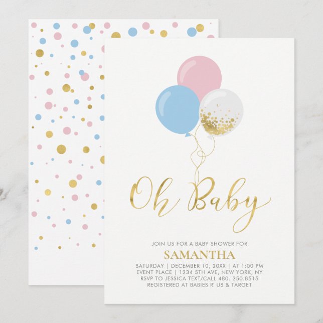 Invitation Ballons Or, Rose, Bleu | Oh Bébé Baby Shower (Devant / Derrière)