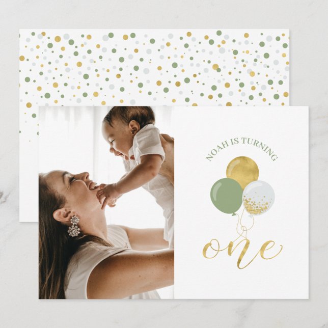 Invitation Ballons Or & Sauge | 1er Anniversaire Garçon (Devant / Derrière)
