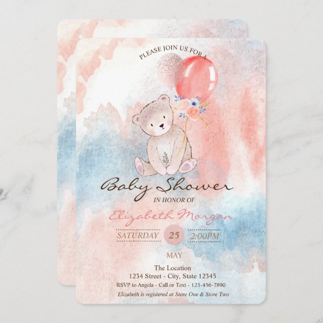 Invitation Ballons Ours en Peluche Lavis Fête Prénatale (Devant / Derrière)