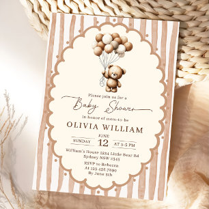 Invitation Ballons Ours en Peluche Marron Rayures Baby Shower