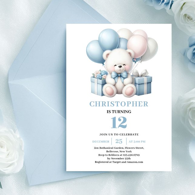 Invitation ballons ours en peluche pour anniversai (Teddy bear balloon invitation for boy birthday)