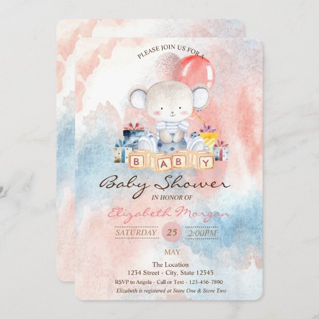 Invitation Ballons Ours En Teddy Baby shower Aquarelle (Devant / Derrière)