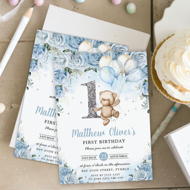 Invitation Ballons Ours En Teddy Bleu Floral Premier Annivers (Créateur téléchargé)