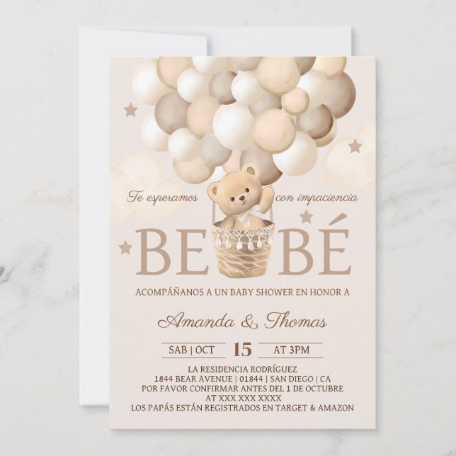 Invitation Ballons Ours Espagnol Fête de Naissance Bébé Marro (Devant)