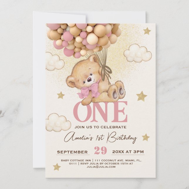 Invitation Ballons Ours Fille 1er Anniversaire  (Devant)