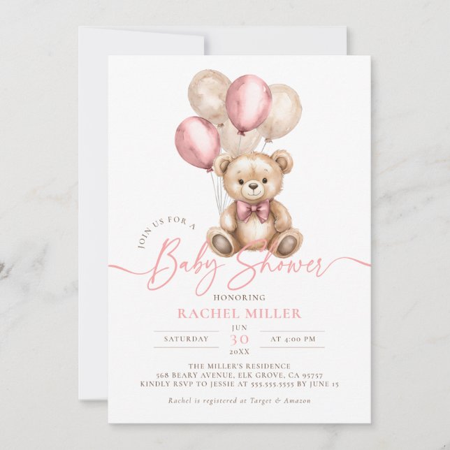 Invitation Ballons Ours Teddy Baby shower Fille Rose