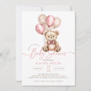 Invitation Ballons Ours Teddy Baby shower Fille Rose