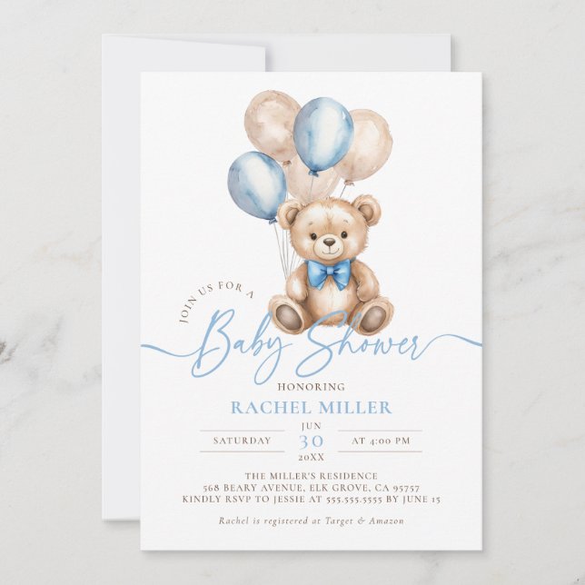 Invitation Ballons Ours Teddy Baby shower Garçon bleu (Devant)