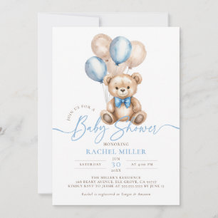Invitation Ballons Ours Teddy Baby shower Garçon bleu