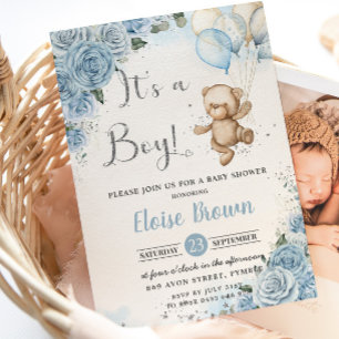 Invitation Ballons Ours Teddy Bébé Bleu Floral Boy Douche