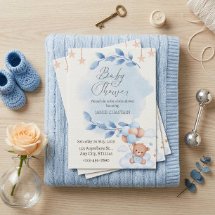 Invitation Ballons Ourson Aquarelle Bleue Baby Shower