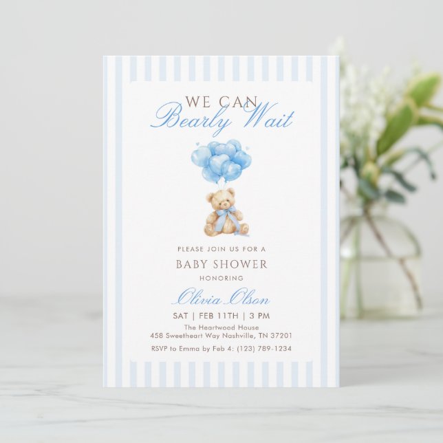 Invitation Ballons Ourson Bleu Baby Shower Beary Wait (Debout devant)