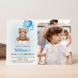 Invitation Ballons Ourson Bleu pour Photo Premier Anniversair