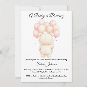 Invitation Ballons Ourson en Aquarelle Rose pour Baby Shower