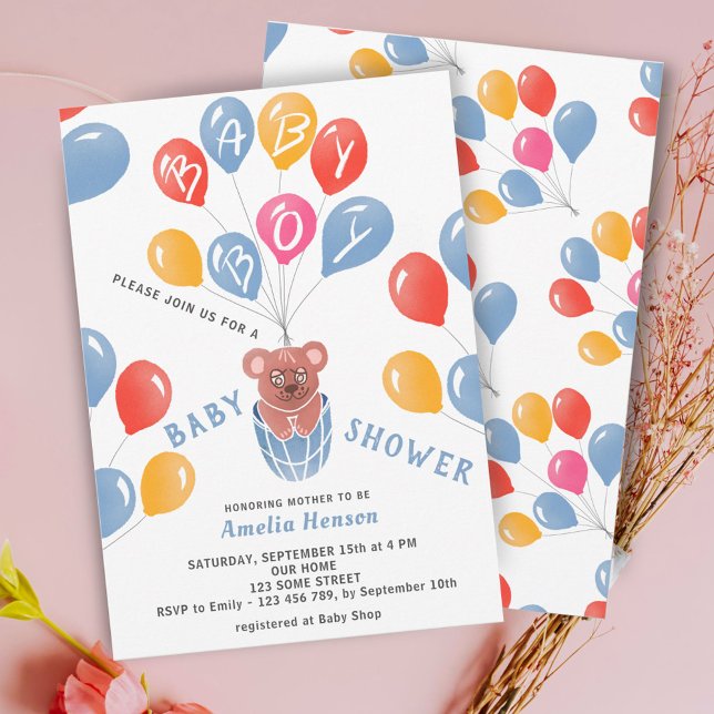 Invitation Ballons Ourson Mignon Fête de Naissance Garçon  (Créateur téléchargé)