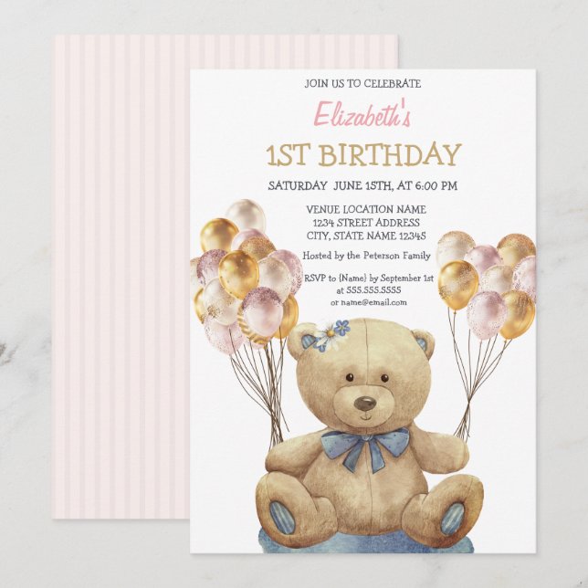 Invitation Ballons Ourson Mignon Rayé Anniversaire (Devant / Derrière)