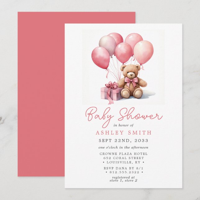 Invitation Ballons Ourson Rose Fille Baby Shower (Devant / Derrière)