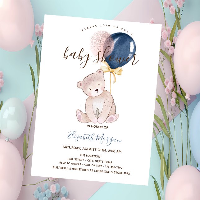 Invitation Ballons Ourson Rose Rayé Baby Shower  (Créateur téléchargé)