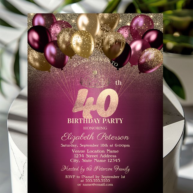 Invitation Ballons Pailletés Bourgogne 40 ans Anniversaire (Créateur téléchargé)