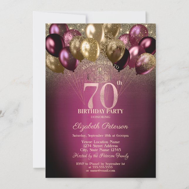 Invitation Ballons Pailletés Bourgogne 70 ans (Devant)