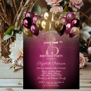Invitation Ballons Pailletés Bourgogne 75 ans Anniversaire