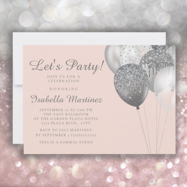 Invitation Ballons Pailletés Rose Pâle Argent Sweet 16  (Créateur téléchargé)