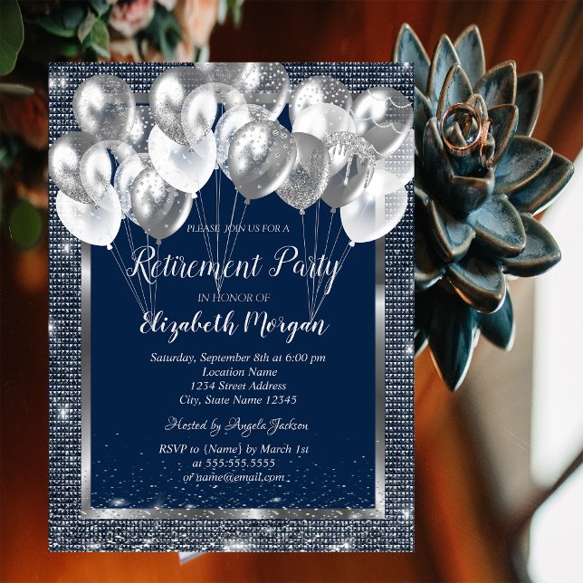 Invitation Ballons Paillettes Cadre Argent Retraite Navy  (Créateur téléchargé)