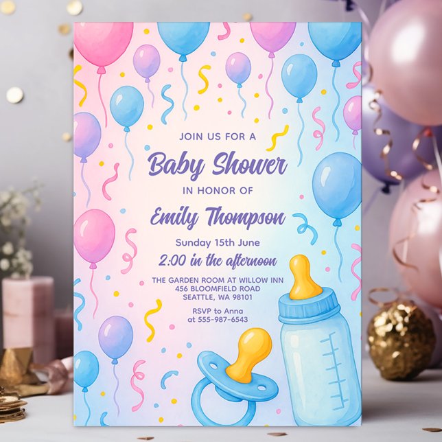 Invitation Ballons pastel mignons et baby shower de biberon (Créateur téléchargé)