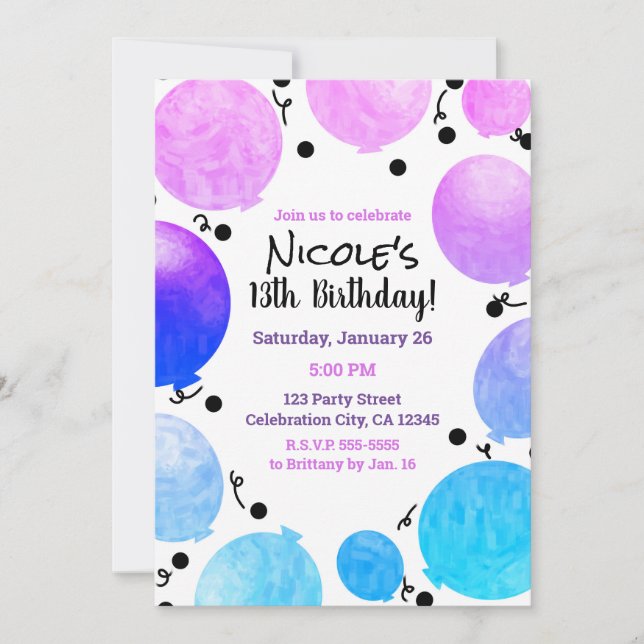 Invitation Ballons Pastel Rose Violet Fête d'anniversaire (Devant)