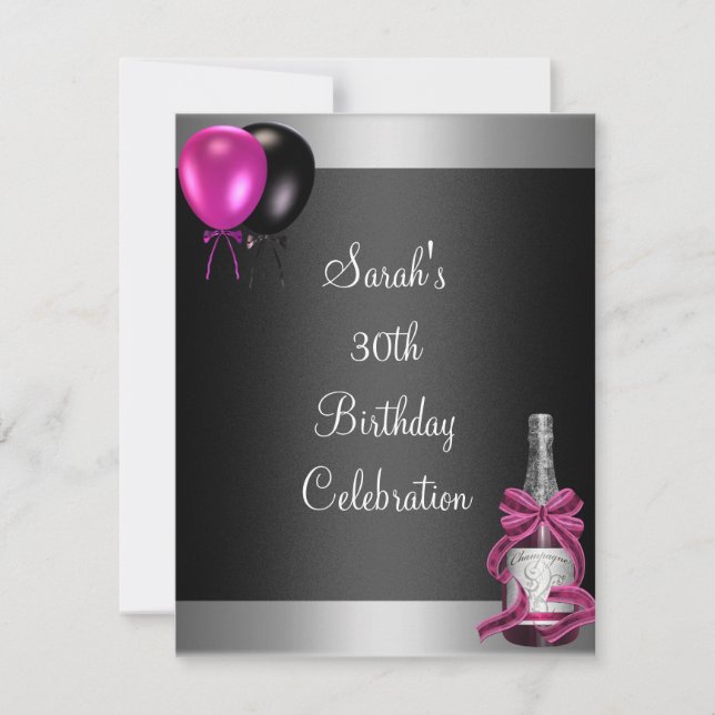 Invitation Ballons pour 30 ans Champagne Argent Rose (Devant)