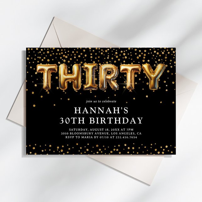 Invitation Ballons pour 30e anniversaire noir et or (Créateur téléchargé)