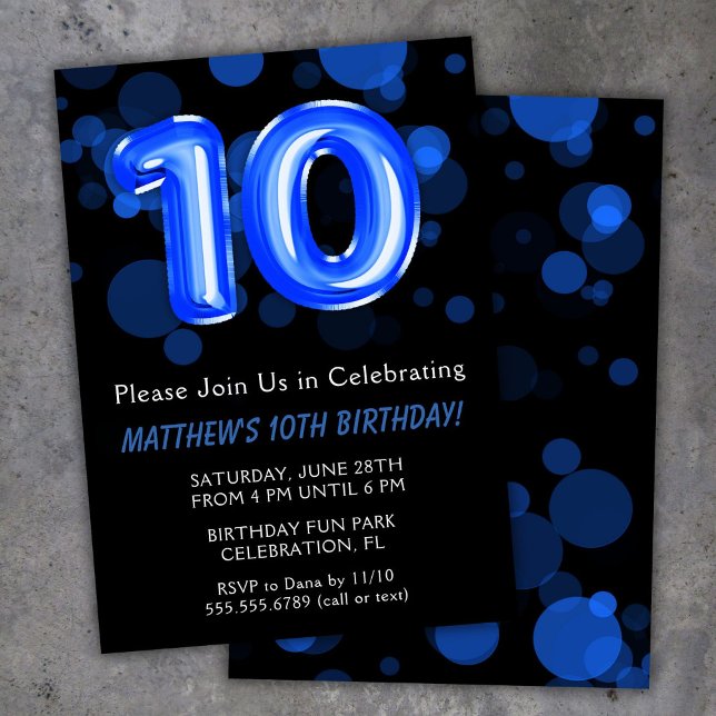 Invitation Ballons pour les 10 ans des enfants garçon bleu Fê (Créateur téléchargé)