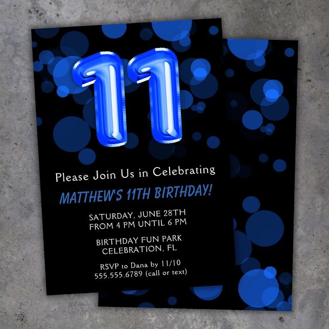Invitation Ballons pour les 11 ans des enfants garçon bleu Fê (Créateur téléchargé)