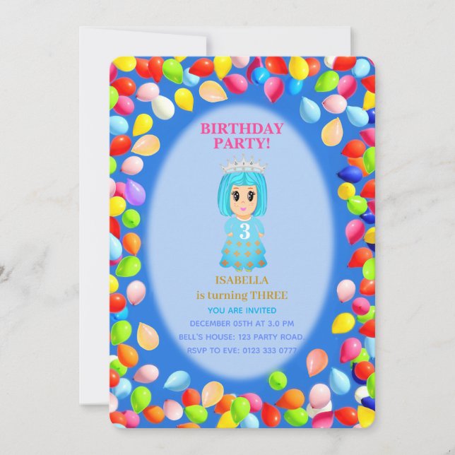 Invitation Ballons pour les 3 ans d'une fille (Devant)
